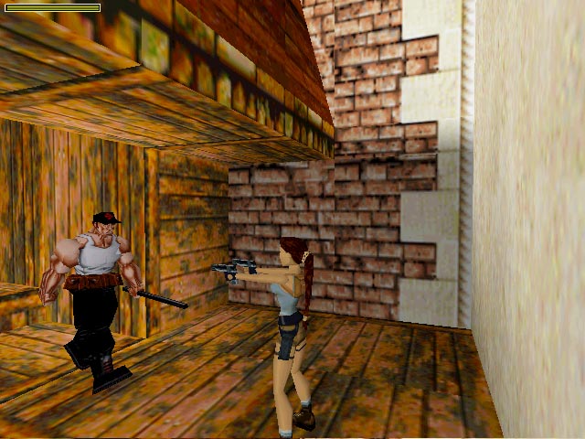 Lara Croft aiming at an enemy in Venice